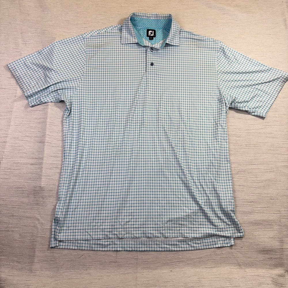 FootJoy Mens XL Blue White Grid Performance Golf Polo Short Sleeve Shirt FJ logo